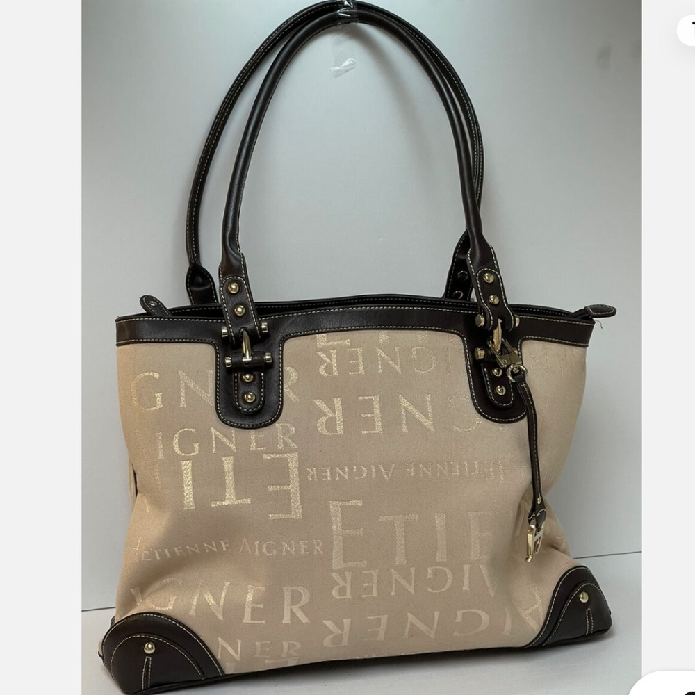 Etienne Aigner Large Oversize Tote Bag Purse Beige Canvas/ Leather With Gold